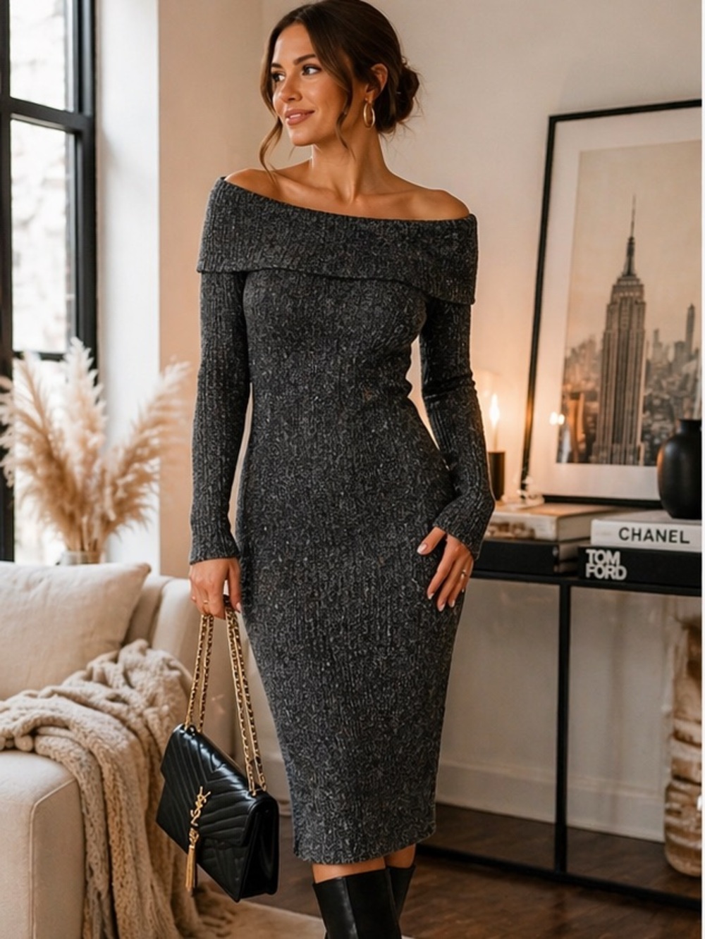 502 Rachel Zoe Charcoal Gray Ribbed Sweater Dress Off Shoulder Foldover Neck Med